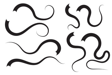 Set of Swoosh and swoop underline typography tails shape in flat styles. Swoosh line vector, underline swish, stroke swash swirl, Brush drawn curved smear. Hand drawn curly swishes, swash, twiddle.