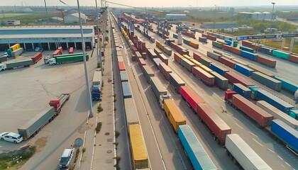 Cargo trucks, border crossings. Aerial high view