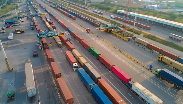 Cargo trucks, border crossings. Aerial high view