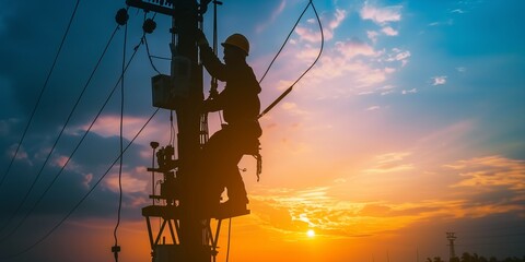silhouette of electrical worker climbs a utility pole during a vibrant sunset. maintaining the power grid with evening sky background