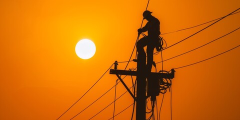 silhouette of electrical worker climbs a utility pole during a vibrant sunset. maintaining the power grid with evening sky background