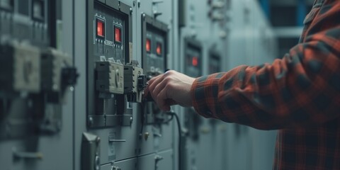 A close-up of an electrical technician's hands working on a circuit board in a control panel. the detailed, precise work required in electrical maintenance and repair