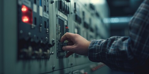A close-up of an electrical technician's hands working on a circuit board in a control panel. the detailed, precise work required in electrical maintenance and repair