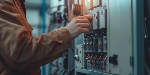 A close-up of an electrical technician's hands working on a circuit board in a control panel. the detailed, precise work required in electrical maintenance and repair
