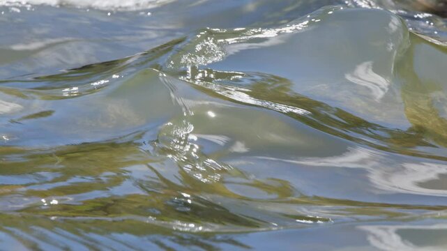 Close up artistic nature background: River waves reflect sunny sky