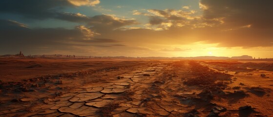 Obraz premium Drought's Devastation: Sun-Scorched Field of Withered Crops in Stark Realism