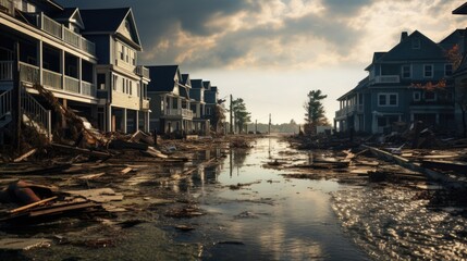 Rising Tides: Devastated Coastal Town Showing Impact of Climate Change Through Submerged Houses and Flooded Streets