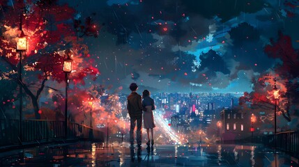 A couple stands on a bridge under lanterns, watching the city lights in the rain, surrounded by colorful foliage and reflections.