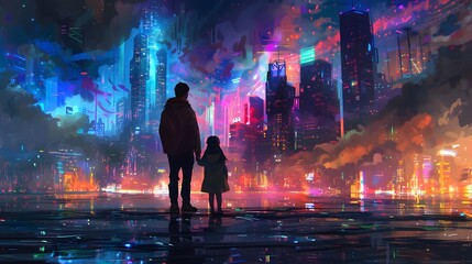 Fototapeta premium A father and daughter hold hands while admiring a vibrant, neon-lit cityscape at night, creating a futuristic and heartwarming scene.