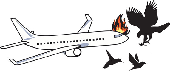Print, Passenger plane in danger with bird flock strike attack, civil aircraft burning engine hit accident, collision, vehicle sky travel jet damage or flight threat. © ASIF NASEEM
