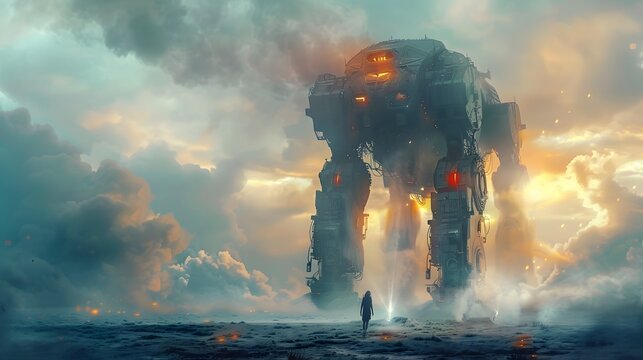 A lone person stands before a colossal mech in a misty landscape, creating a dramatic and awe-inspiring sci-fi scene.