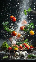 Vibrant and fresh ingredients explode from a culinary masterpiece on a chef's table in this dynamic food bomb