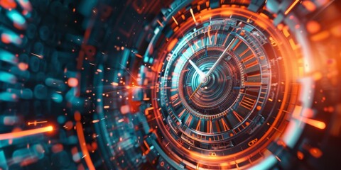 Obraz premium Time travel technology background with clock and time machine concept that can turn clock hands. Jump into a time portal within a few hours. Travel in time and space. Time travel fantasy. Simple wallp