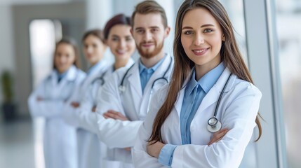 Fototapeta premium Graceful Close-Up of a Female caucasian Doctor is first in a row of her colleges , Wearing a Smile of Care and Competence, Signifying the Noble Pursuit of Healthcare and Medicine in a Hospital Arena