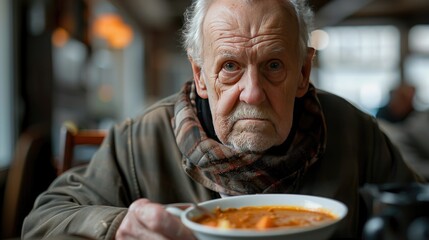 An older man is eating soup in a restaurant. He looks sad and lonely. The restaurant is empty except for him