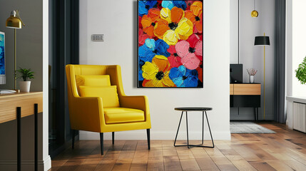 A bright office with a yellow chair, modern desk, and a vibrant floral painting,