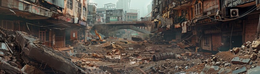 Fototapeta premium Wide-angle view of an urban street in decay, featuring extensive rubble, dilapidated buildings, and a bridge in the background.
