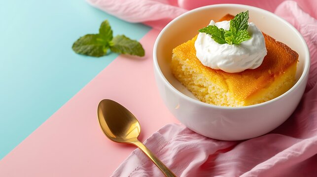 corn bread and yogurt in a bowl isolated on colorful background