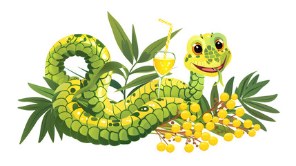 Fototapeta premium image of a cartoon snake with plants corresponding to the flowering months, for a calendar