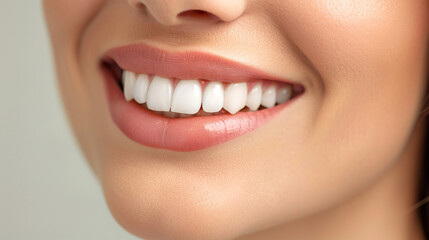 Obraz premium The girl's snow-white smile in close-up. Dental health and hygiene.
