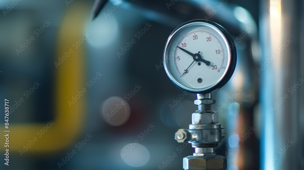 Poster Close-up of pressure gauge during factory inspection, no people, precise measurement, clear display, soft light