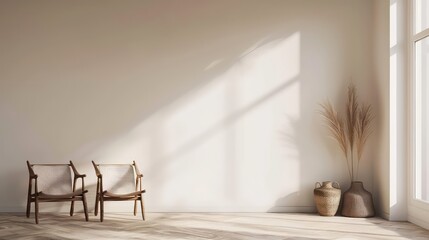 Sleek modern interior with a minimalist touch, featuring a pristine empty wall perfect for showcasing art or paintings, offering a bright and sophisticated design.