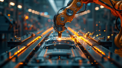 Fototapeta premium Automation robot arms machine in intelligent factory industrial on real time monitoring system software. Welding robotics and digital manufacturing operations.