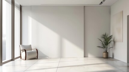 Clean and modern interior featuring a minimalist design with an empty wall, an excellent mockup for art or paintings, showcasing a bright and elegant interior aesthetic.
