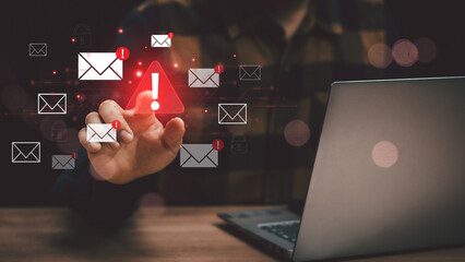 Email inbox alert and spam virus with warning, email security protection alert, new email notification and internet communication concept, email technology icon, junk mail compromised information 
