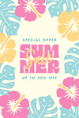 summer vector background with hibiscus flowers and tropical leaves for banners, cards, flyers, social media wallpapers, etc. © mar_mite_
