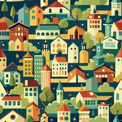 Obraz premium Seamless pattern of abstract cityscapes with simplified buildings and streets, Generative AI