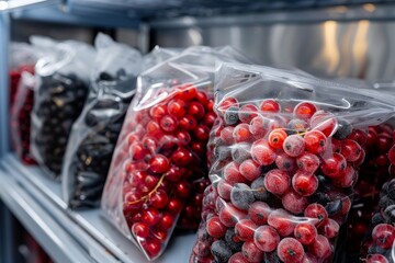 Many frozen berries in plastic bags, deep freeze red and black currants, iced fruits, healthy eating