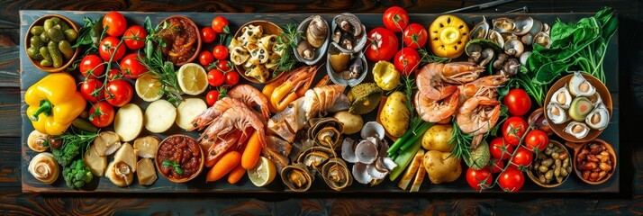 Fototapeta premium Cold Snacks Collection with Fresh Vegetables, Salted Fish, Baked Potato, Pickled Mushrooms and Shrimps