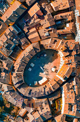 Vertical panoramic aerial view of Piazza Anfiteatro in Lucca, Tuscany - Italy