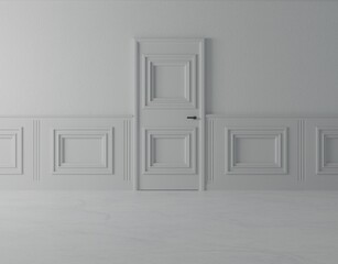 Closed wooden door white gray in an empty classic room with .3D rendering.