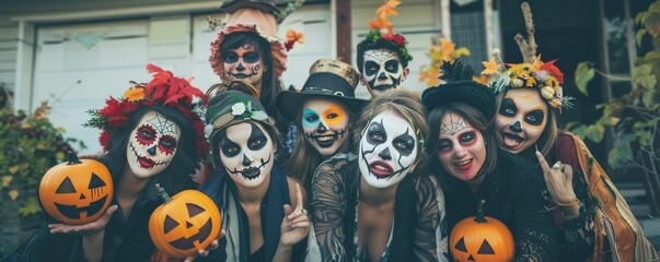 Friends having a costume party for National Pumpkin Day, October 26th, fun and festive costumes, 4K hyperrealistic photo.