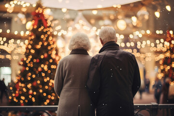 男, 男性, 女, 女性, 高齢者, 後ろ姿, クリスマス, クリスマスツリー, プレゼント, イルミネーション, お祝い, man, woman, elderly, back, Christmas, Christmas tree, gift, illumination, celebration