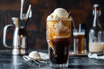 Cold root beer float with vanilla ice cream on an bar background