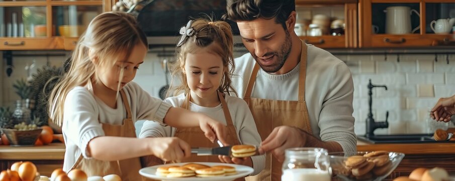 Family making pancakes for National Pancake Day, September 26th, flipping and enjoying a delicious breakfast, 4K hyperrealistic photo.