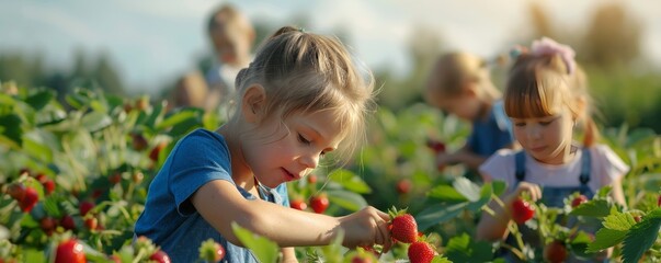Children picking fresh strawberries in a field, bright red berries, 4K hyperrealistic photo.