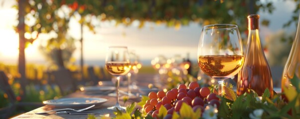 Outdoor wine tasting event with vineyard views, wine glasses and summer flavors, 4K hyperrealistic photo.