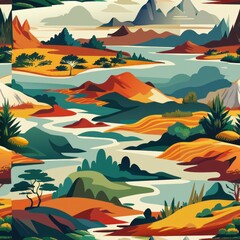 Seamless pattern of abstract landscape elements with layered textures and rich colors, Generative AI