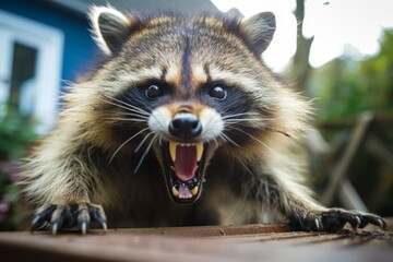 
A Rabid raccoon in a suburban backyard, appearing aggressive and unpredictable, its fur matted and eyes glaring with hostility, ready to attack