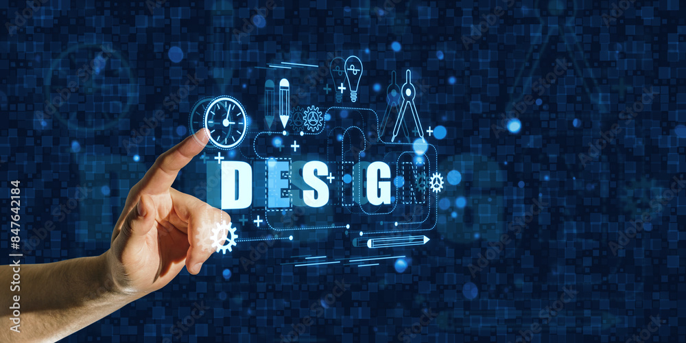 Aufkleber graphic design concept outline. close up of male hand pointing at digital thin line illustration on 