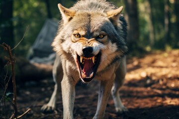 Obraz premium The Rabid wolf near a campsite, showing aggressive behavior with snarling teeth and intense eyes, creating a frightening and dangerous scene for campers