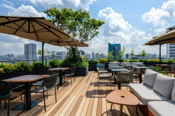 Obraz premium Professional Photography of the outdoor terrace or rooftop garden offering panoramic views and fresh air for employees to enjoy, Generative AI
