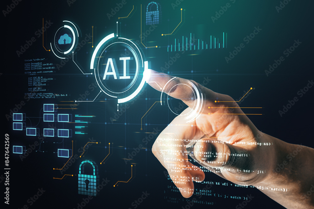 Aufkleber Close up of male hands pointing at glowing blurry ai hologram with binary coding on blurry background. Artificial intelligence, technology and programming concept.