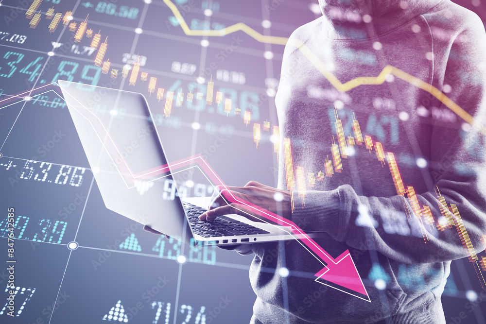 Poster Close up of hands using laptop with glowing falling forex chart and index grid on blurry background. Crisis and financial recession concept. Double exposure.