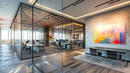 A chic office with glass partitions, modern art, and sleek furniture,