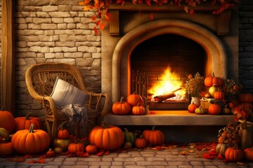 Obraz premium A cozy fireplace with fall decorations